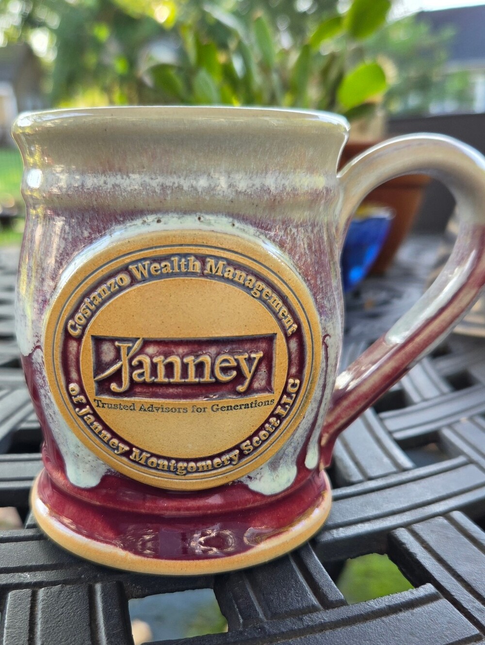 Grey Fox Pottery Janney Wealth Managenent Mug Cherry Cream Drip HandmadeUSA Logo